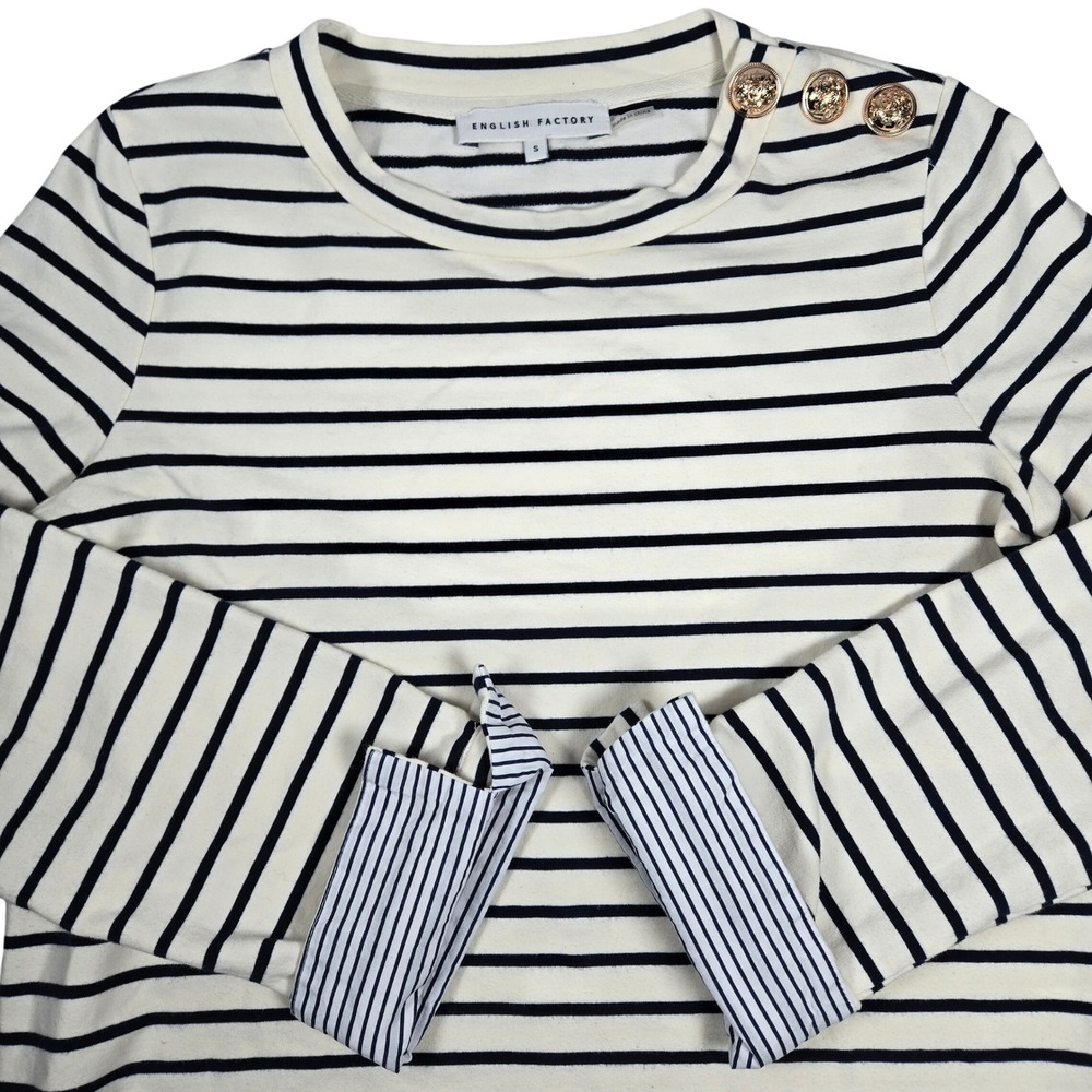 English Factory Breton Striped Long Sleeve Top with Gold Buttons Cream Navy‎ S